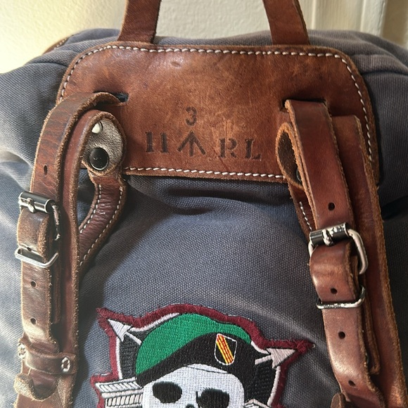 Polo Ralph Lauren RL Co Blue Canvas Brown Leather Backpack with Patches AS IS - Picture 8 of 16